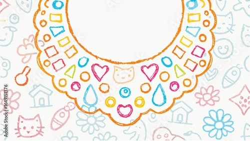 Colorful crayon drawing featuring a bib with shapes and an assortment of other small crayon drawings silhouette