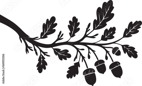 Black silhouette of an oak branch with leaves and acorns against a white background tree nature style vector illustration EPS file download