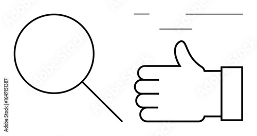 Magnifying glass and thumbs-up hand symbolize search, approval, success, and analysis. Ideal for feedback, support, research, review, quality evaluation and simple landing page