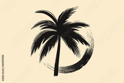 Palm tree brush stroke silhouette, bold black on beige vector illustration