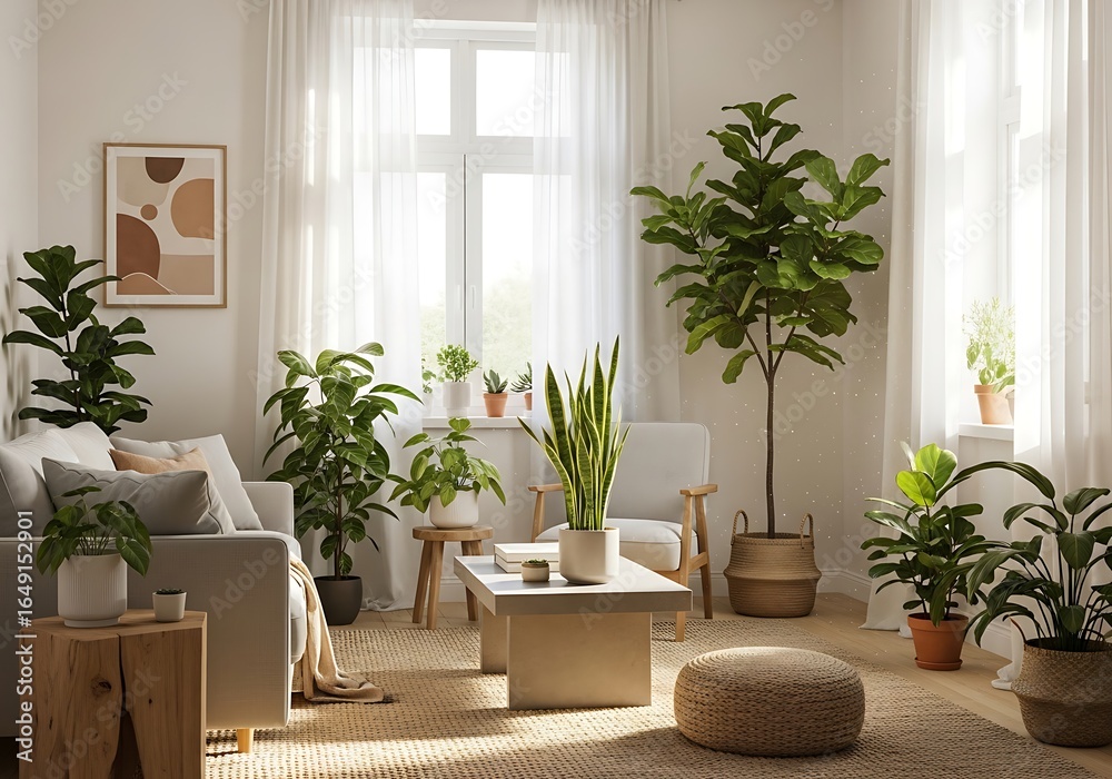 Fototapeta premium Cozy Living Room with Abundant Houseplants and Neutral Decor
