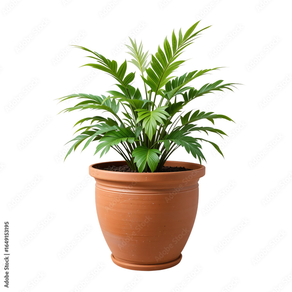 Obraz premium Potted Rhapis Excelsa Palm Plant with Green Leaves in Terracotta Pot Houseplant