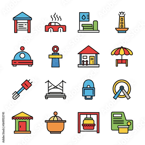 Assorted icons display various objects minimal background