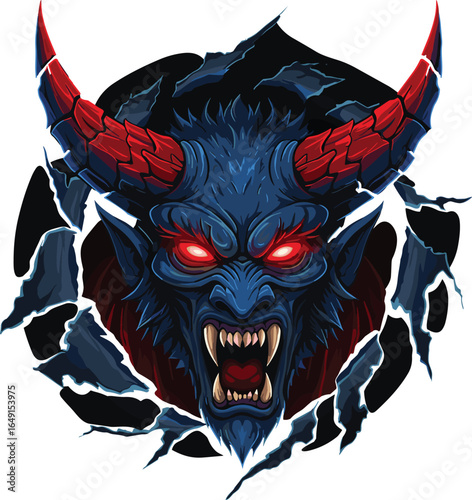 Demonic monster illustration, red glowing eyes, terrifying beast, fantasy horror art, sharp fangs, evil creature, breaking wall, scary demon face, dark background