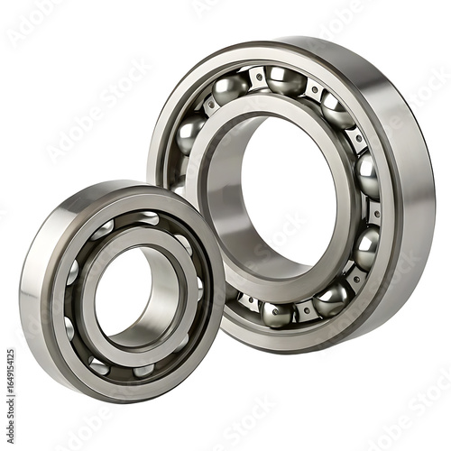 Two metallic ball bearings with visible internal rolling elements isolated on transparent background