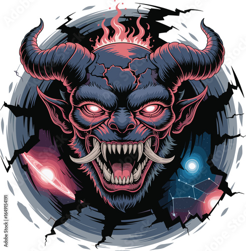 Demonic monster illustration, red glowing eyes, terrifying beast, fantasy horror art, sharp fangs, evil creature, breaking wall, scary demon face, dark background