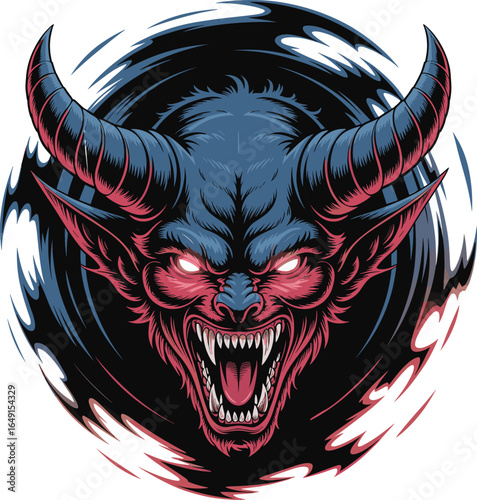 Demonic monster illustration, red glowing eyes, terrifying beast, fantasy horror art, sharp fangs, evil creature, breaking wall, scary demon face, dark background