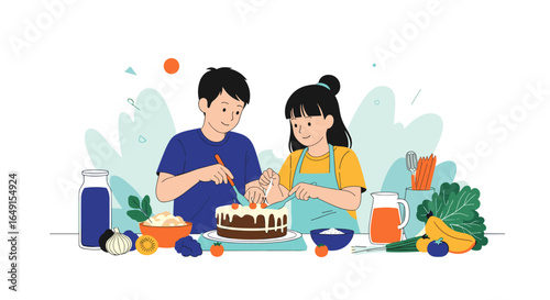 Children learning culinary skills baking a delicious cake together in a bright kitchen environment
