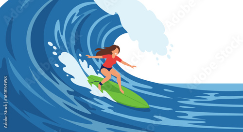 Young woman surfing a large ocean wave enjoying the thrill of extreme water sports under the summer sun