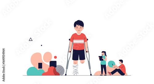 Child with a broken leg recovering with the help of crutches and medical professionals in a rehabilitation center