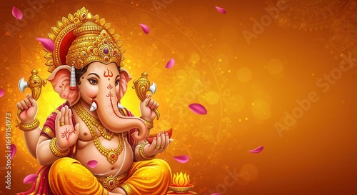 Artistic Lord Ganesha Illustration with Lotus Petals – Ganesh Chaturthi Festival