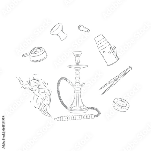 Hookah and accessories set bowl, coal, tongs, heat management, hose drawing with black on white background