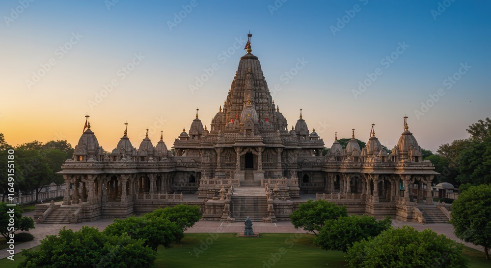 Obraz premium Beautiful Hindu Temple with Traditional Architecture Surrounded by Greenery at Sunrise 