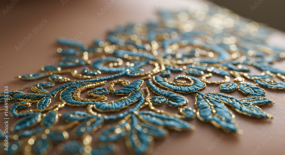 Obraz premium Luxurious Teal and Gold Embroidery Detail