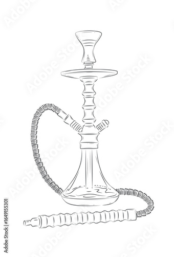 Hookah shisha styled with hose and tobacco bowl silhouette drawing in vintage graphic style with black on white background