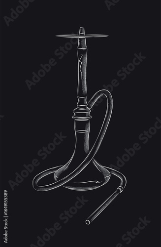 Hookah shisha with hose silhouette drawing in vintage graphic style with white on black background