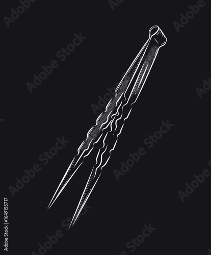 Hookah charcoal tongs for smoking shisha drawing in vintage graphic style with white on black background
