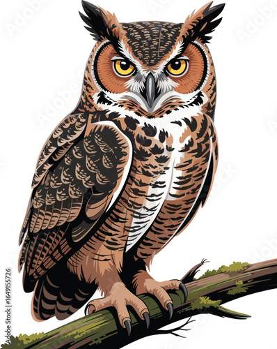 Realistic vector illustration of a great horned owl perched on a branch, detailed bird artwork, wildlife design, majestic raptor