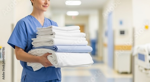 Hospital laundry service worker carrying clean linens textiles sheets towels healthcare hygiene uniform care
