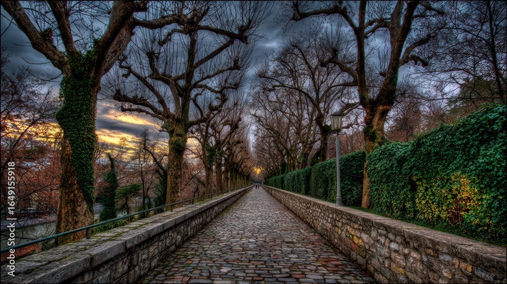Fototapeta premium Cobblestone pathway lined with trees and hedges.