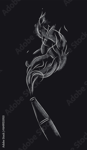 Hookah hose with steam for smoking shisha drawing in vintage graphic style with white on black background