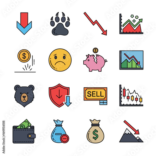Declining graph icons display finance losses in market decline