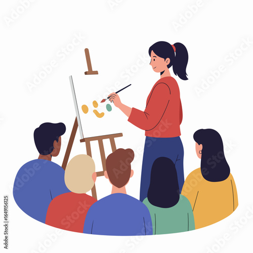 Art instructor teaches painting to a diverse group of students in a creative art class workshop, illustrating hands-on learning and skill development.