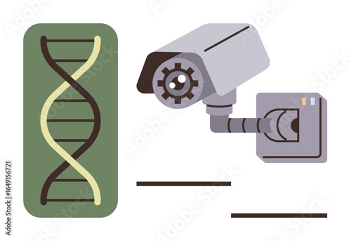 DNA strand next to a security camera symbolizing genetic data monitoring and ethical concerns. Ideal for genetics, surveillance, privacy, biotechnology, ethics, data protection, research. Simple flat