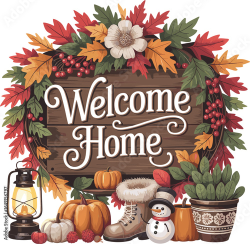 Welcome home autumn decor, cozy fall housewarming sign, rustic entryway illustration, seasonal foliage and pumpkins