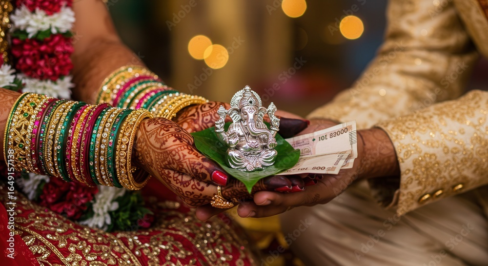 Fototapeta premium Close-Up of Bride and Groom Holding Lord Ganesha Idol with Henna Hands – Traditional Indian Wedding Ritual