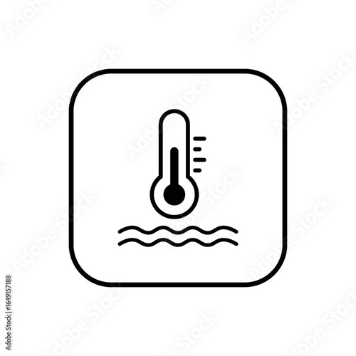 Vector Water Thermometer Flat Icon Button in Line Square Frame on White Background. Water Temperature Indicator Sign for Pool, Sea water, Temp Conditioner System.