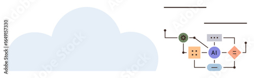 Cloud shape with connected data blocks, AI symbol, and directional flow lines. Ideal for AI, cloud technology, data integration, logic flow, machine learning, innovation digital transformation