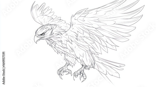 Sketch of eagle with wings spread, drawn with intricate lines showing feathers detail