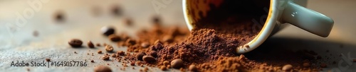 A close-up shot of a broken coffee cup, scattered coffee grounds, and spilled coffee, highlighting the texture and contrast of the elements ,  coffee break,  powder,  floor