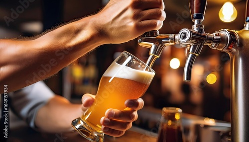 bartender hand at beer tap pouring a draught beer in glass serving in a restaurant or pub