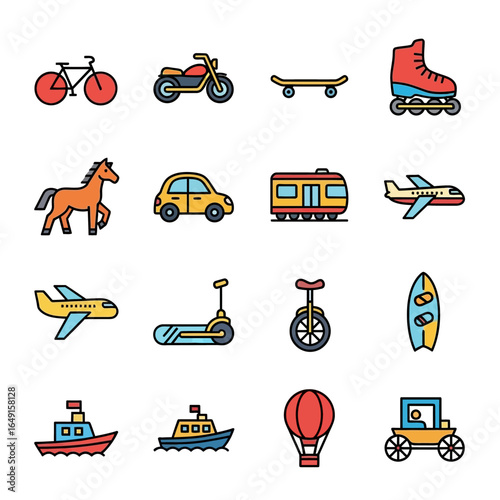 Colorful transports icons display various journey modes flat