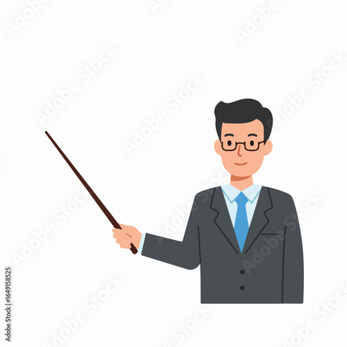 Smiling male professional or teacher in a suit and glasses, using a pointer stick for presentation, instruction, or guidance, isolated on white background.