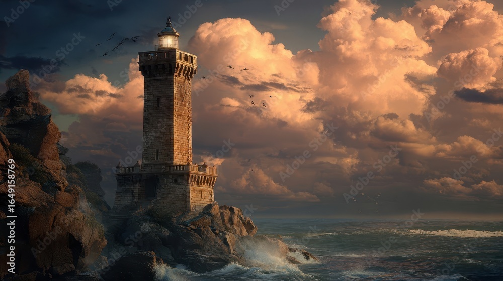 Fototapeta premium A dramatic lighthouse stands on a rocky coast during a stormy sunset.