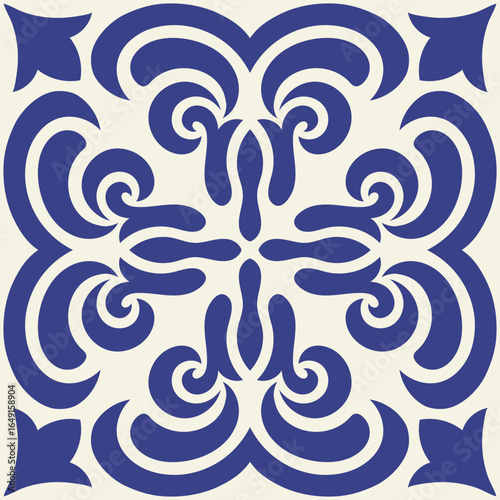 Mediterranean ceramic blue seamless tile pattern, tamplate of square stamp, carving template, rotational symmetry, arabic style, isolated on white background