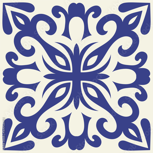 Mediterranean ceramic blue seamless tile pattern, tamplate of square stamp, carving template, rotational symmetry, arabic style, isolated on white background