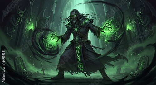A dark sorcerer casting spells with green energy in a gothic fantasy dungeon environment art style