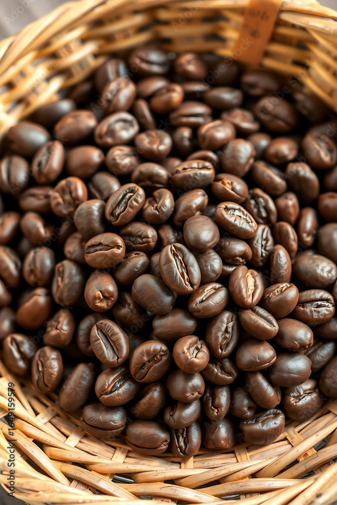 Fototapeta premium Close-Up of Roasted Coffee Beans in Wicker Basket — Rustic Café and Barista Concept