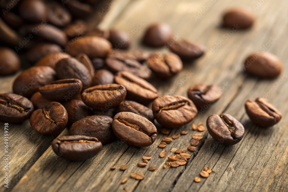 Naklejka premium Coffee Beans on Wooden Table