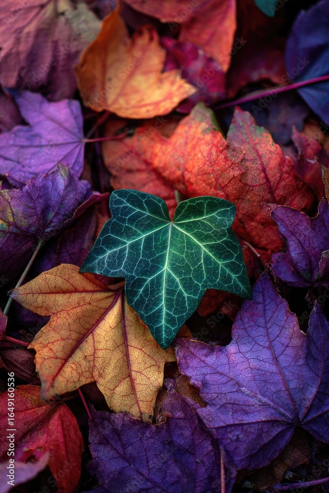 Obraz premium Vibrant autumn leaves, a single vibrant emerald green ivy leaf stands out amidst a profusion of fallen crimson, gold, and purple maple leaves