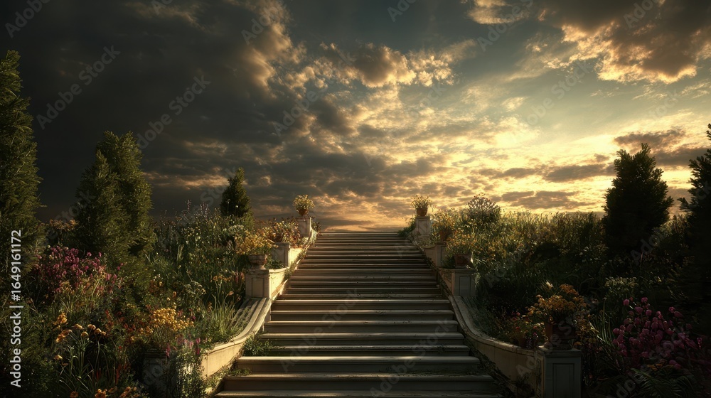 Fototapeta premium Serene stone stairs ascend to a dramatic sky.