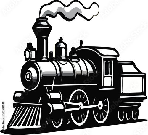 Stylized black and white illustration of a vintage steam locomotive with smoke billowing from the chimney style vector illustration EPS file download