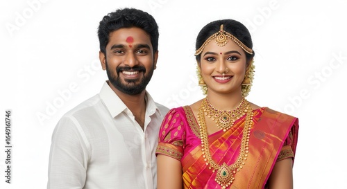 Happy South Indian Couple in Traditional Attire – Wedding or Festival Celebration Portrait on White Background 