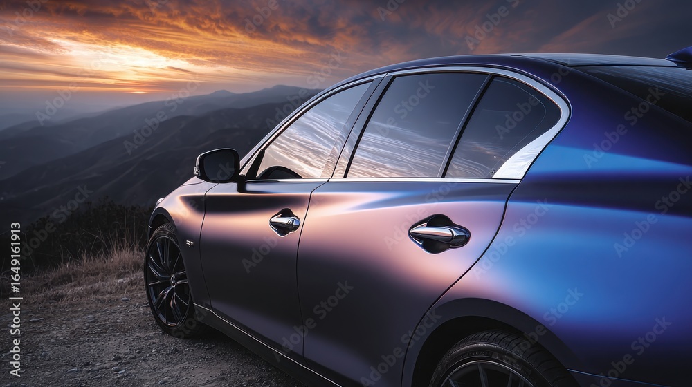 Naklejka premium Stunning Car at Sunset Overlooking Majestic Mountain Landscape