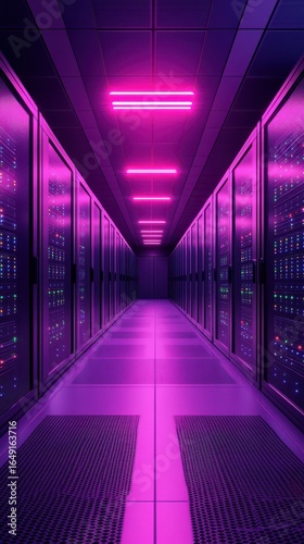 Brightly lit server room with purple neon lights highlighting modern technology in a data center