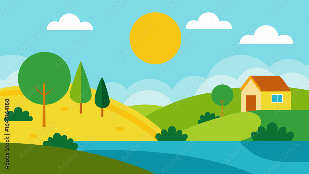 Naklejka premium Stylized flat illustration of a sunny landscape with rolling hills and a river